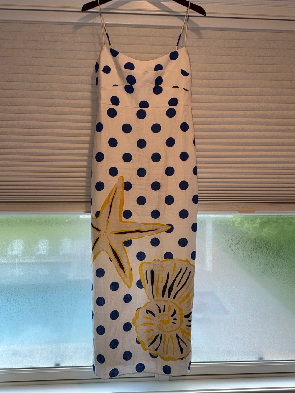 White Midi/long dress with Navy Polka Dots and Yellow Sea Motif